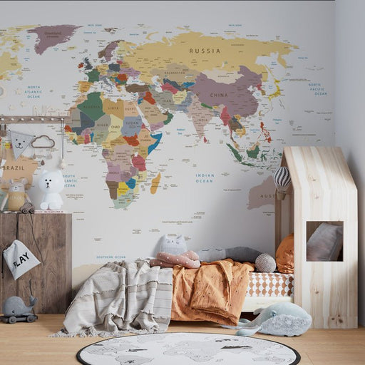 World Map Wallpaper Mural | Colors and Countries - Carving wallpaper