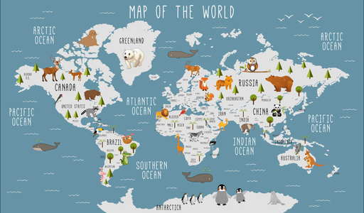 World Map Wallpaper Mural | World Animal Children's Room - Carving wallpaper