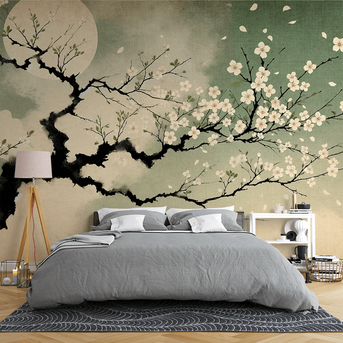 Zen Ink Plum Blossom Wall Mural – Oriental Elegance for Living Room & Entrance with serene plum blossoms, full moon, and flowing clouds in a Zen-inspired bedroom backdrop