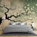 Zen Ink Plum Blossom Wall Mural – Oriental Elegance for Living Room & Entrance with serene plum blossoms, full moon, and flowing clouds in a Zen-inspired bedroom backdrop
