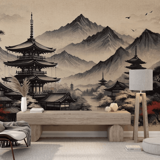 Zen Japanese wallpaper with black and red atmosphere, lakes and temples - Carving wallpaper
