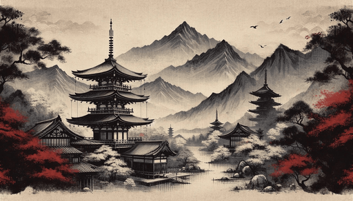 Zen Japanese wallpaper with black and red atmosphere, lakes and temples - Carving wallpaper