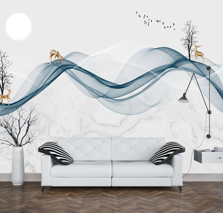 Zen Serenity Wall Mural | Modern Chinese Landscape | Living Room & Bedroom Feature Wall - serene blues flowing ribbons with mountains, gilded deer, moon, birds, minimalist trees