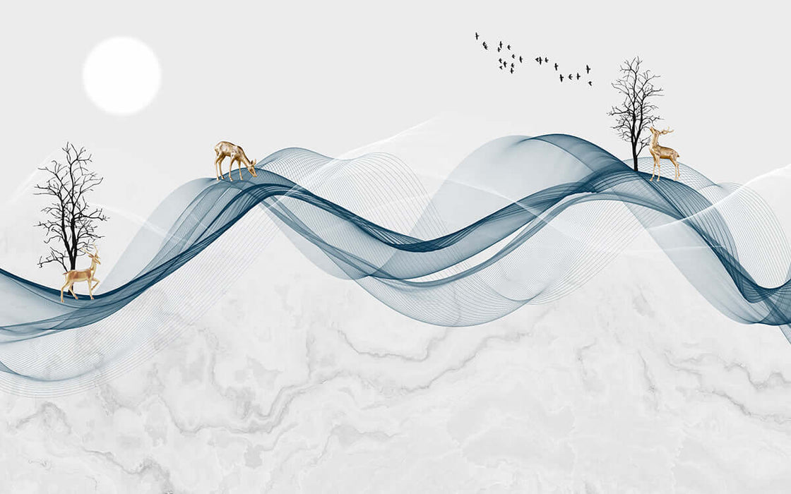 Zen Serenity Wall Mural | Modern Chinese Landscape | Living Room & Bedroom Feature Wall - serene blue ribbons, mountains, gilded deer, trees, moon, birds, marble textures