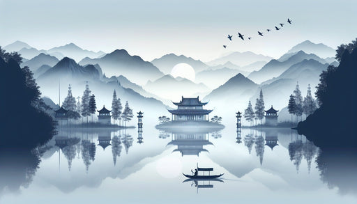 Zen Wallpaper Mural | Inspiration Sunrise Facing Japanese Temples and Calm Lakes - Carving wallpaper