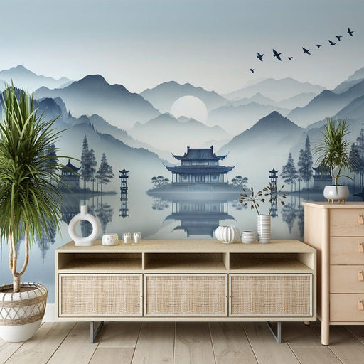 Zen Wallpaper Mural | Inspiration Sunrise Facing Japanese Temples and Calm Lakes - Carving wallpaper